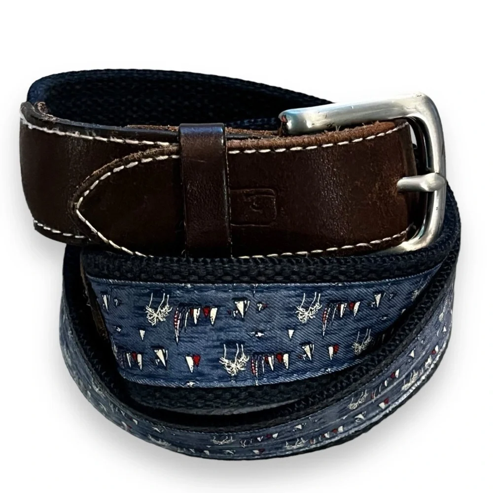 Vineyard Vines Canvas Club Belt Leather Ends Nautical Sailboats Palm Trees SZ 32